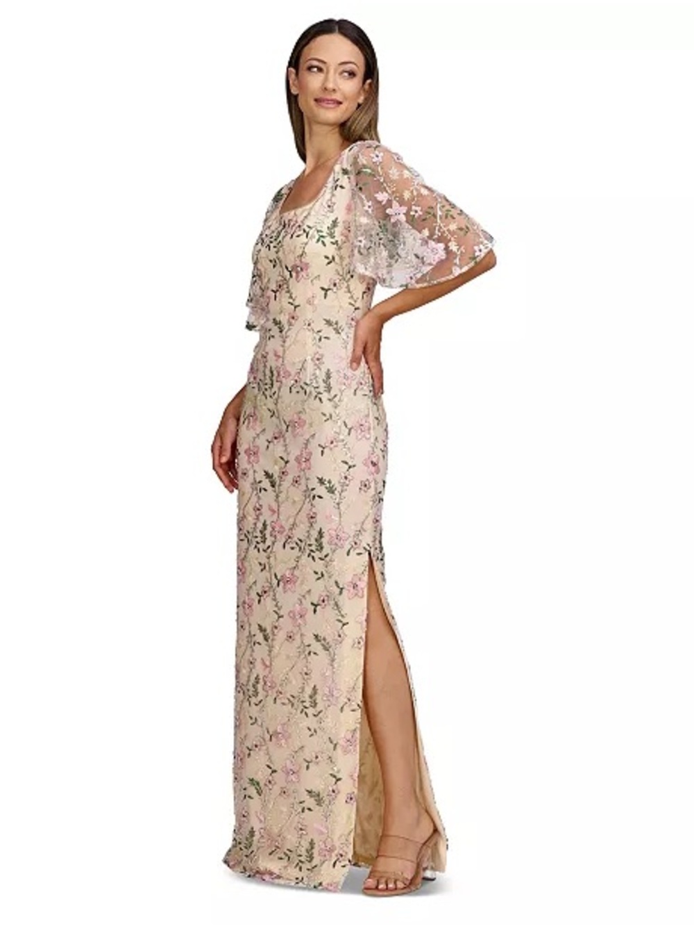 NWT JS Collections Hannah Floral Embroidered Flutter Sleeve Gown Size 6